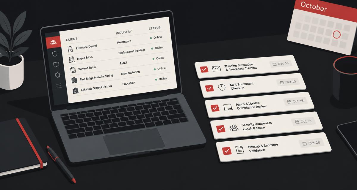 Five Cyber Awareness Month action cards ticked with dated evidence, standing on an MSP desk beside a laptop showing a client roster