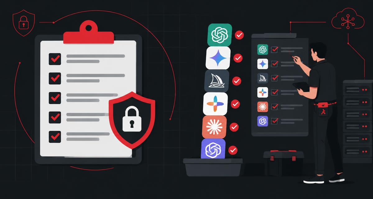 An MSP reviewing a client AI tool inventory checklist beside a client security questionnaire, with red checkmarks next to each AI tool