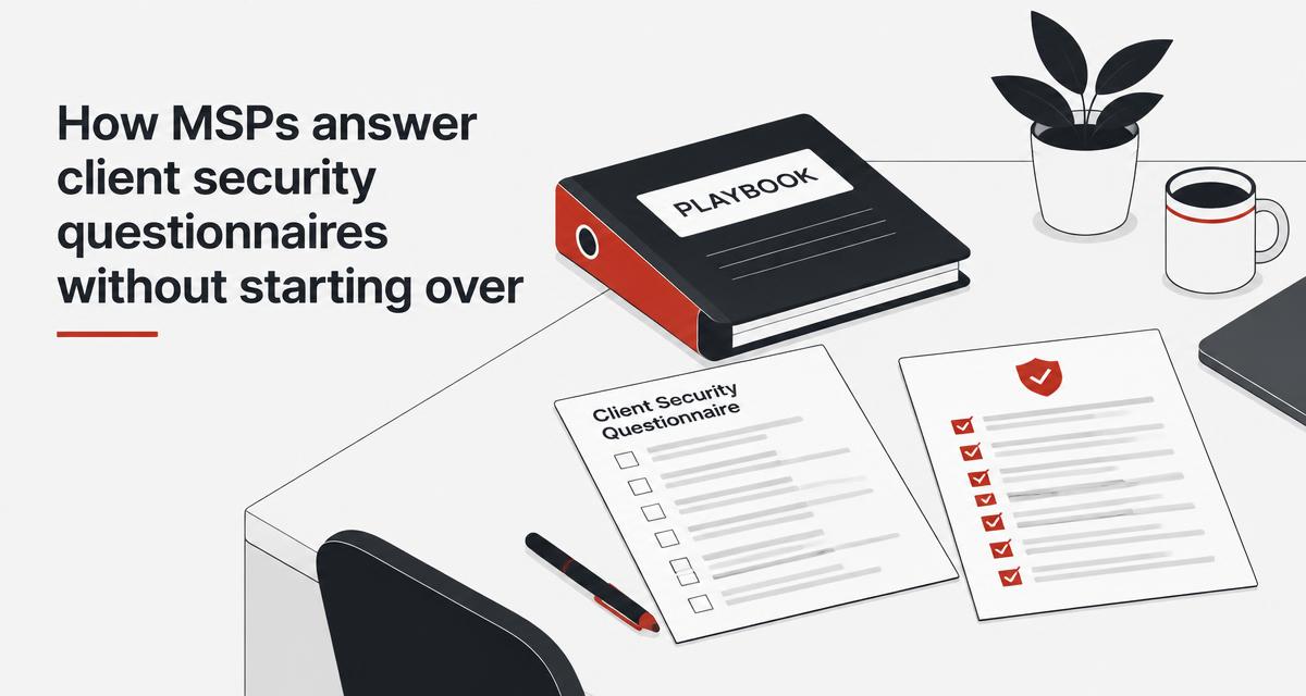 An MSP answering a client security questionnaire from a reusable playbook binder, with a checklist of stamped answers and evidence beside it