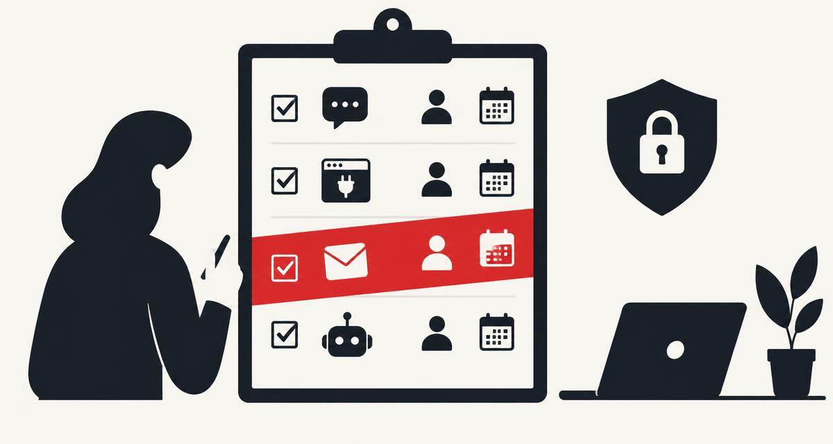 An inventory clipboard listing AI tools — a chatbot, a browser plug-in, an email assistant, and a bot — each with a checkbox, an owner, and a review date, with one shadow row highlighted in red