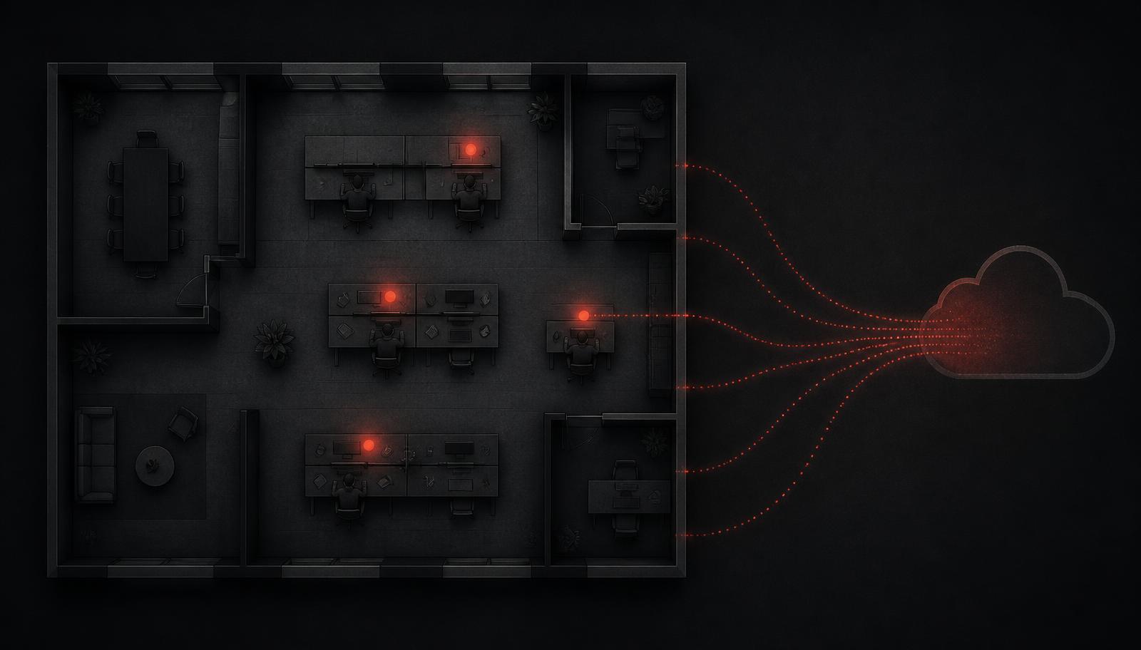 Overhead view of an office floorplan with glowing red dots at individual desks and dotted data lines flowing out to a cloud, representing unmonitored AI tool use