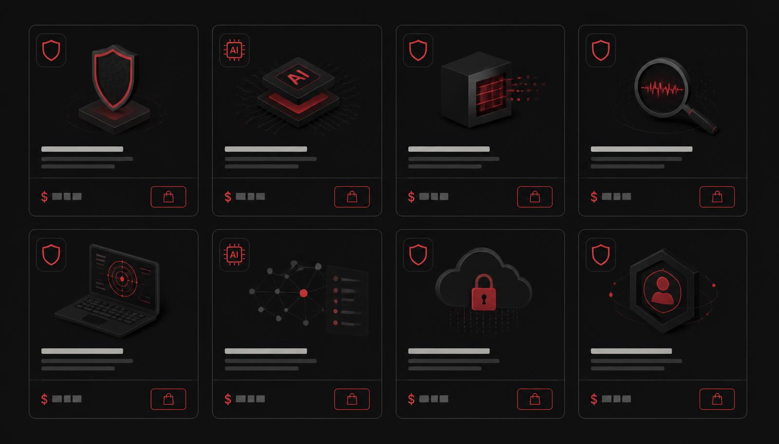 Scarlet Risk Store product cards for pay-as-you-go AI security and compliance tools